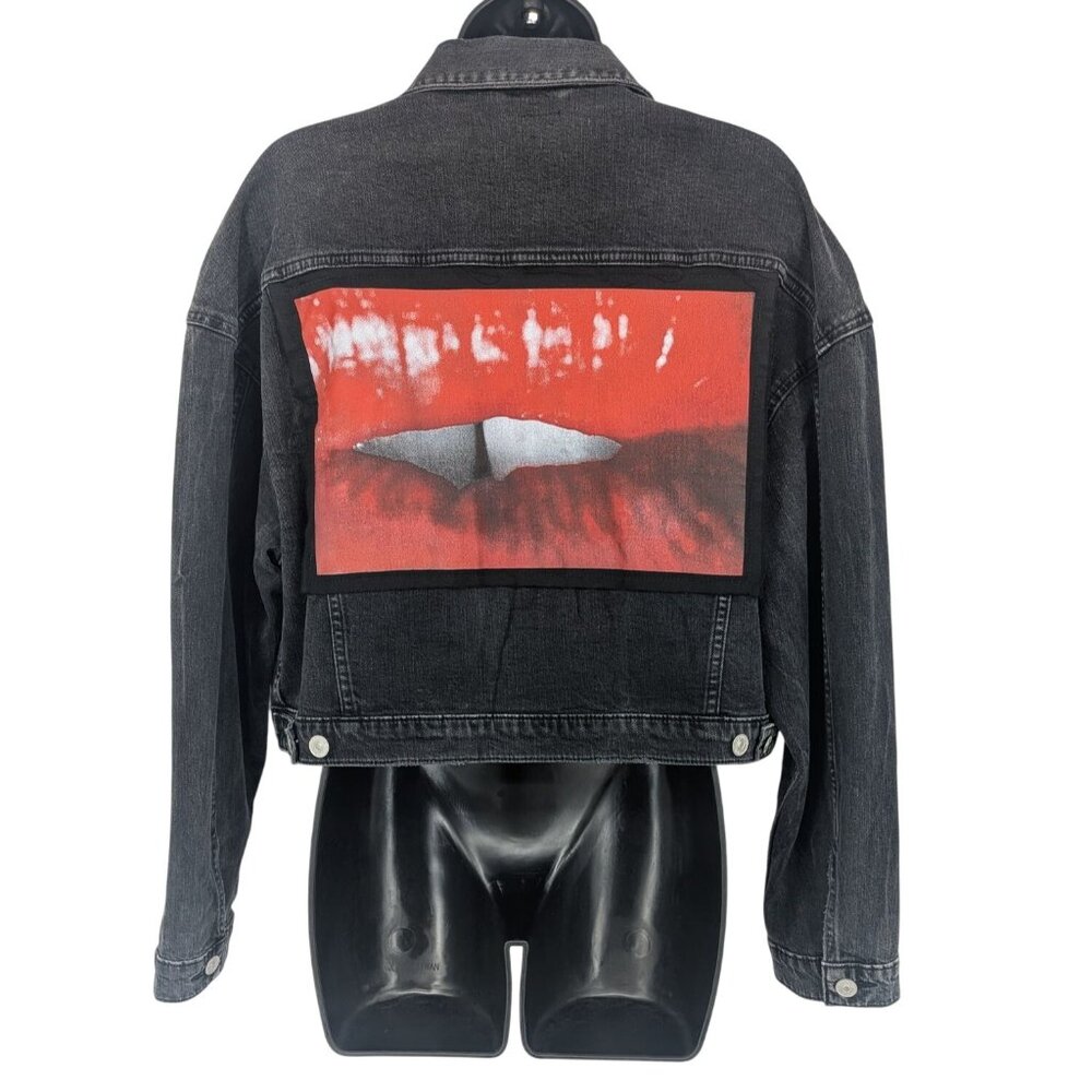 Hudson Cropped Denim Jacket Graphic Lips Patchwork Statement Streetwear Size XS